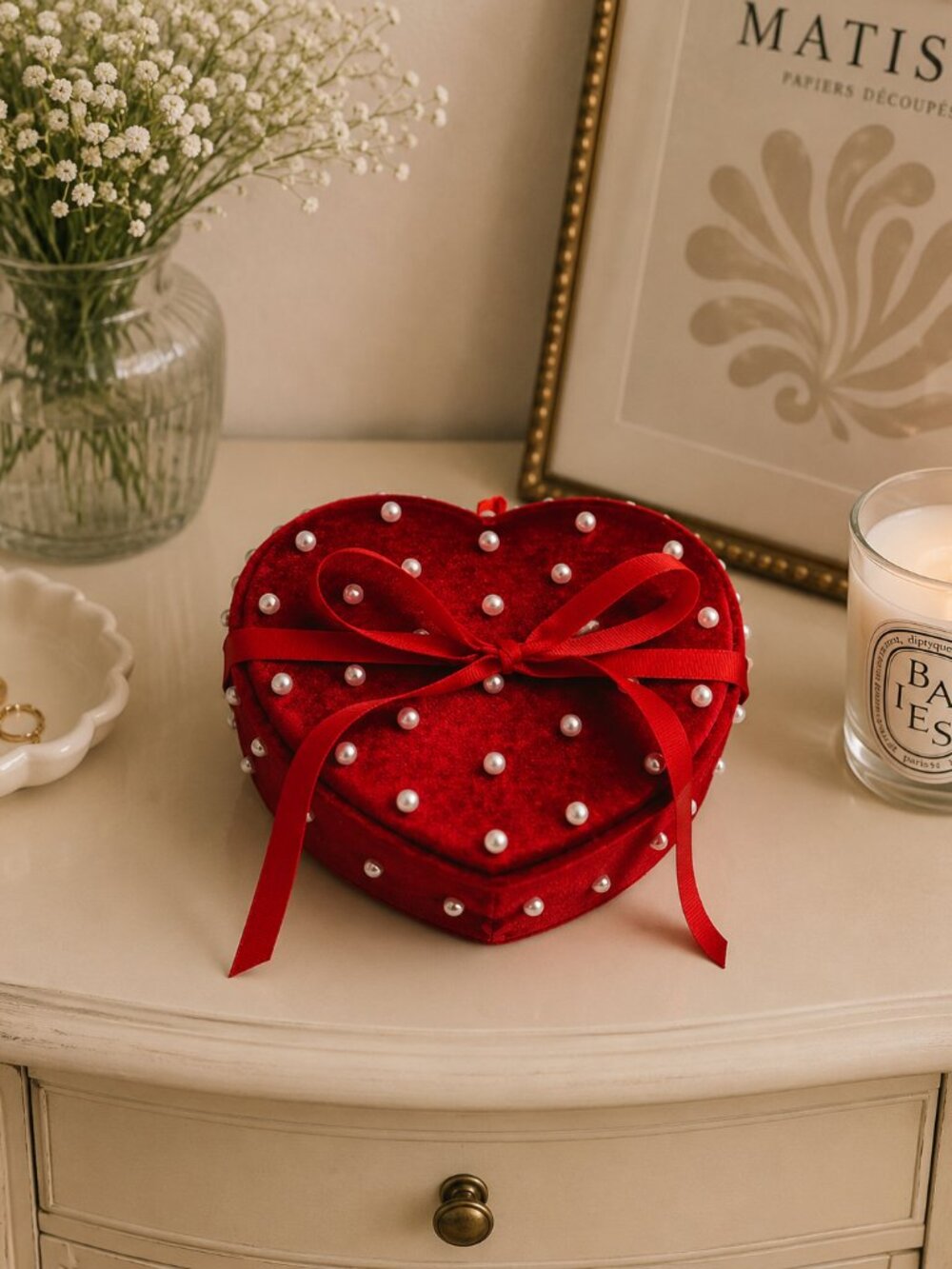 Local Eclectic Limited Edition Heart Shaped Red Velvet Pearl Jewelry Box